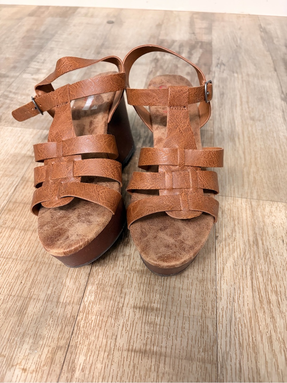 Women's Tan Strappy Wedge Sandals